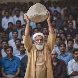 A dramatic image of the wise man at the public meeting, holding up a heavy stone, symbolizing the burden of disunity, amidst an audience captivated by the powerful metaphor.