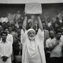 A dramatic image of the wise man at the public meeting, holding up a heavy stone, symbolizing the burden of disunity, amidst an audience captivated by the powerful metaphor.