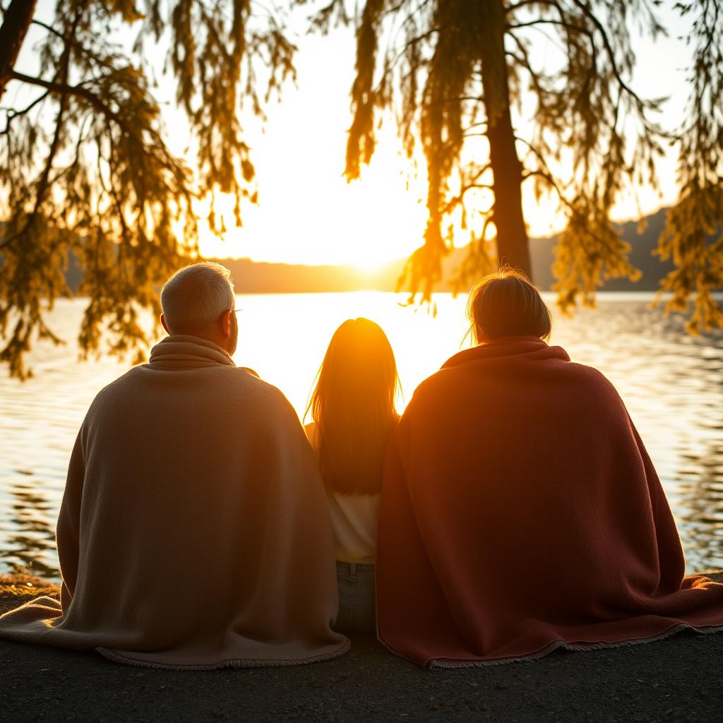 A serene family moment showing a father and adult daughter sitting at the edge of a tranquil lake, their backs turned to the viewer