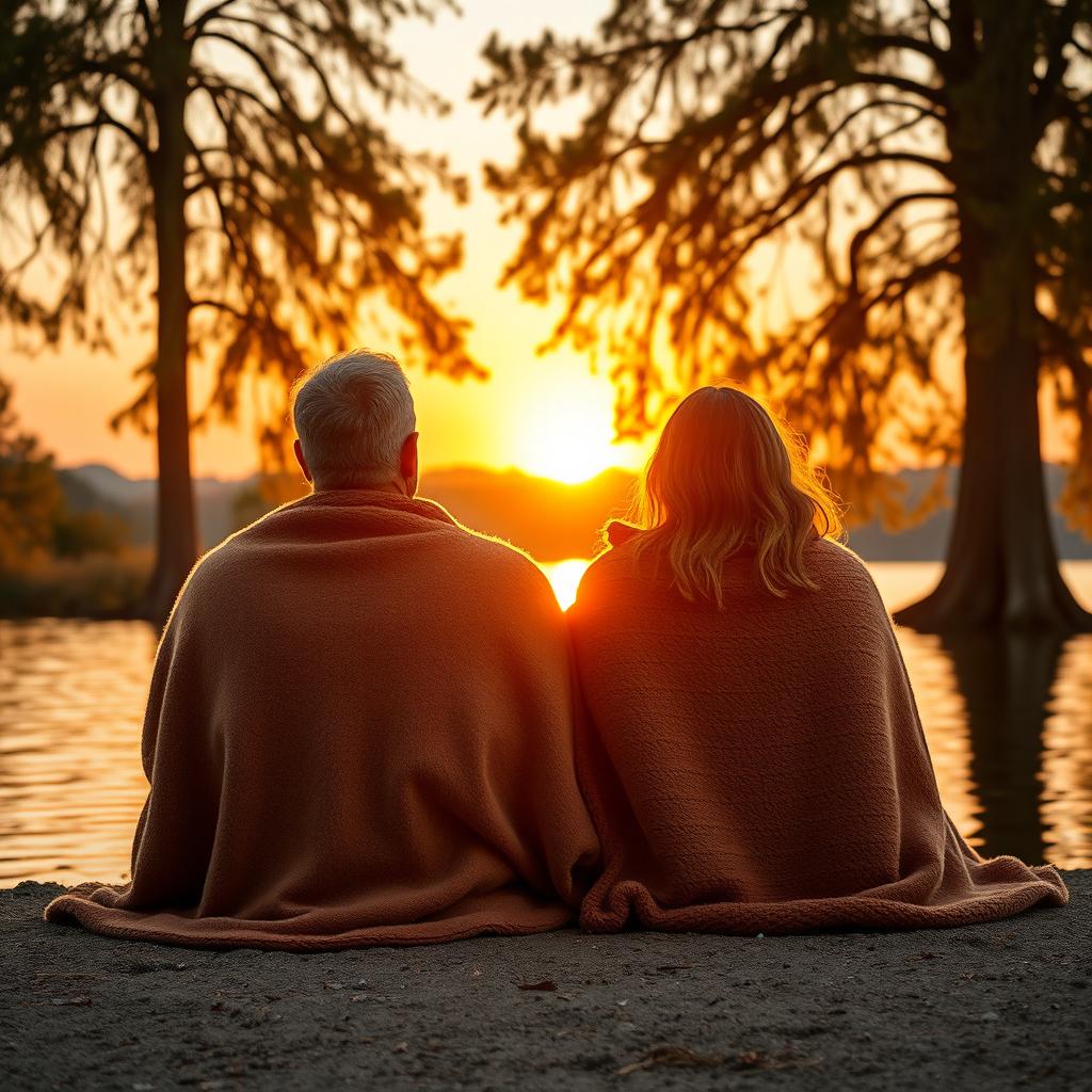 A serene family moment showing a father and adult daughter sitting at the edge of a tranquil lake, their backs turned to the viewer