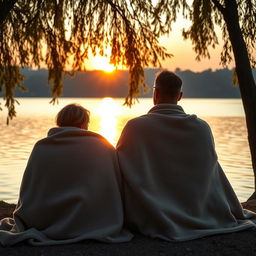 A serene family moment showing a father and adult daughter sitting at the edge of a tranquil lake, their backs turned to the viewer