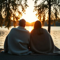 A serene family moment showing a father and adult daughter sitting at the edge of a tranquil lake, their backs turned to the viewer