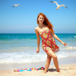 A young redheaded woman enjoying a sunny beach day, posing gracefully on the sandy shore