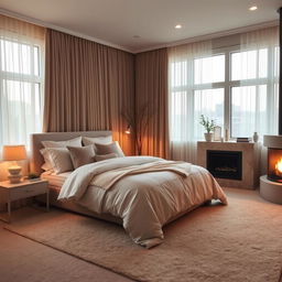 A cozy and inviting bedroom with warm lighting and soft textures