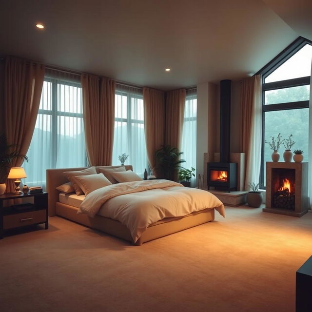 A cozy and inviting bedroom with warm lighting and soft textures