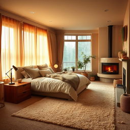 A cozy and inviting bedroom with warm lighting and soft textures