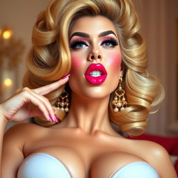 A glamorous and exaggerated portrayal of a woman with large silicone breasts, wearing bright and bold lipstick