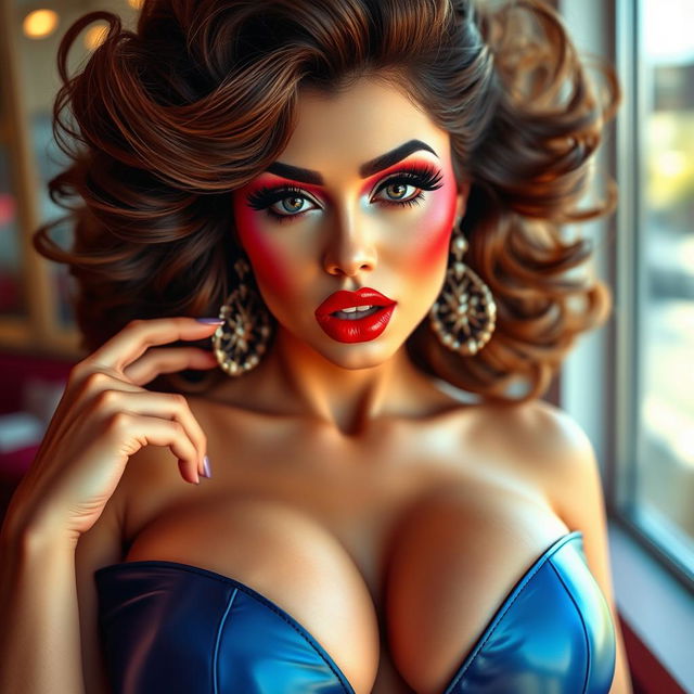 A glamorous and exaggerated portrayal of a woman with large silicone breasts, wearing bright and bold lipstick