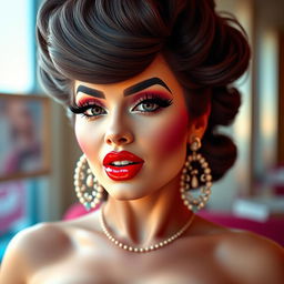 A glamorous and exaggerated portrayal of a woman with large silicone breasts, wearing bright and bold lipstick