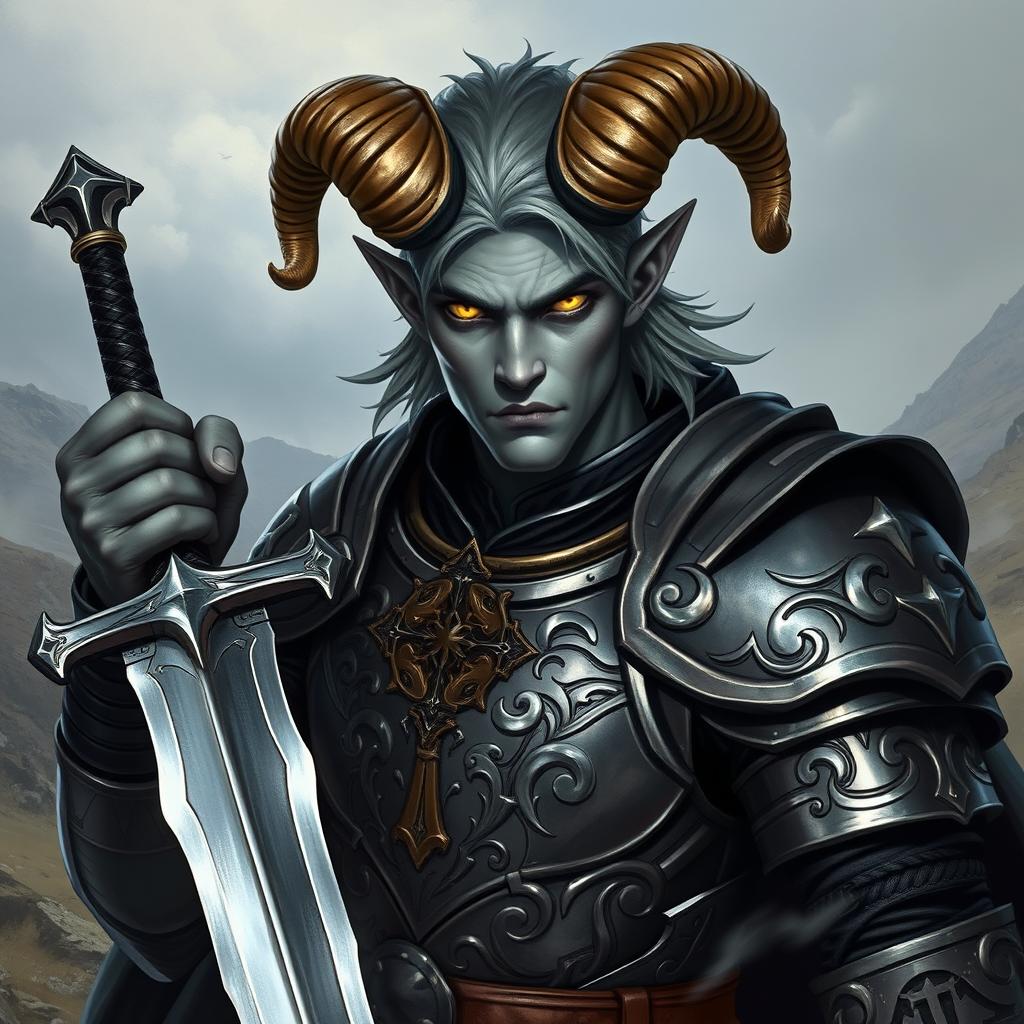 A striking male tiefling paladin with grey skin, wielding a gleaming sword