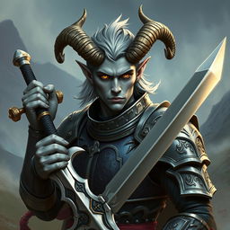 A striking male tiefling paladin with grey skin, wielding a gleaming sword