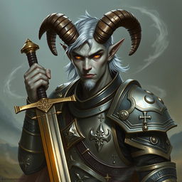 A striking male tiefling paladin with grey skin, wielding a gleaming sword