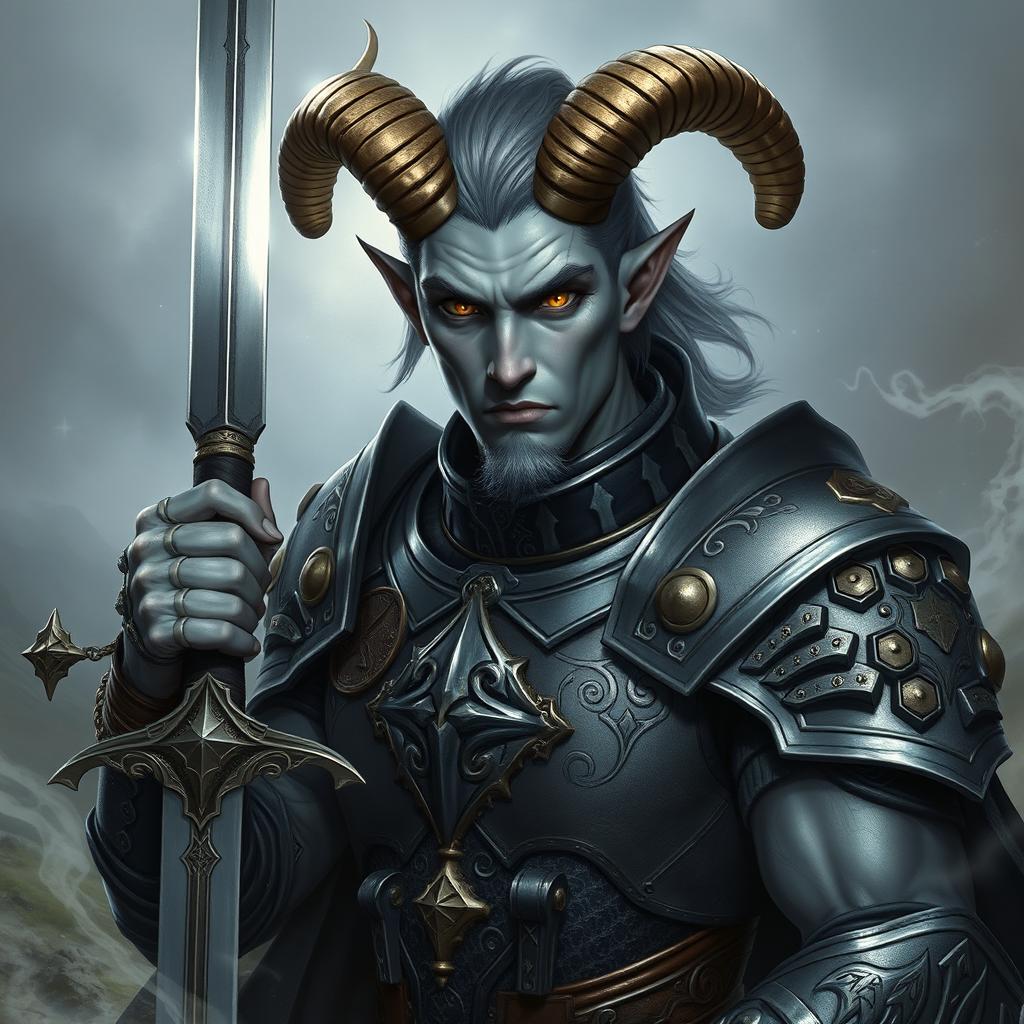 A striking male tiefling paladin with grey skin, wielding a gleaming sword