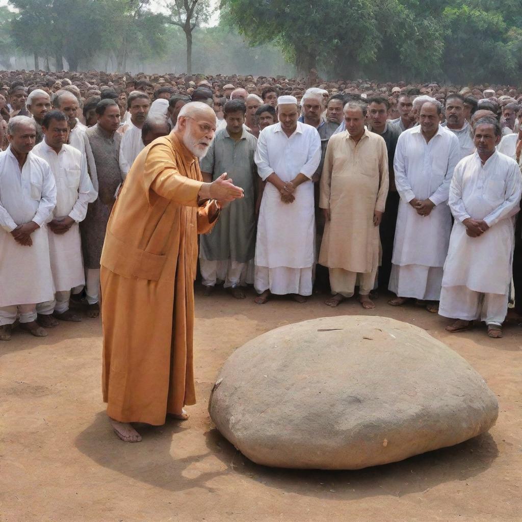 A potent scene of the wise man in the public meeting, pointing towards a heavy stone placed on the ground, symbolizing the burden of disunity, drawing the attention of all around him to this resonant symbol.