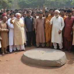 A potent scene of the wise man in the public meeting, pointing towards a heavy stone placed on the ground, symbolizing the burden of disunity, drawing the attention of all around him to this resonant symbol.