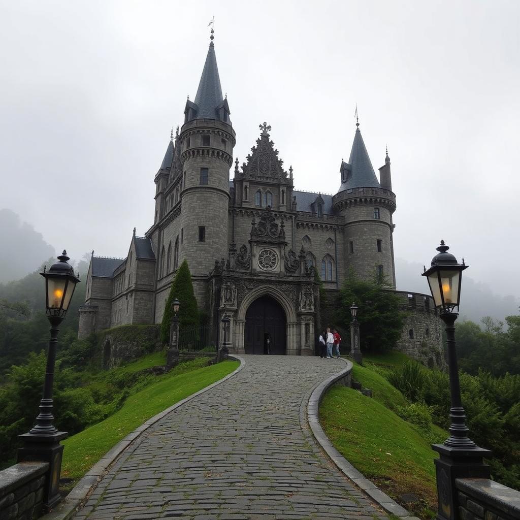 An ancient, majestic castle situated on a misty hilltop, surrounded by lush green forests