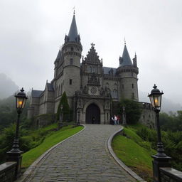 An ancient, majestic castle situated on a misty hilltop, surrounded by lush green forests