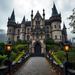 An ancient, majestic castle situated on a misty hilltop, surrounded by lush green forests