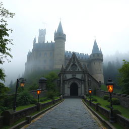 An ancient, majestic castle situated on a misty hilltop, surrounded by lush green forests