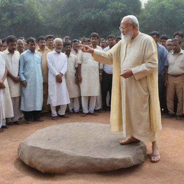 A potent scene of the wise man in the public meeting, pointing towards a heavy stone placed on the ground, symbolizing the burden of disunity, drawing the attention of all around him to this resonant symbol.