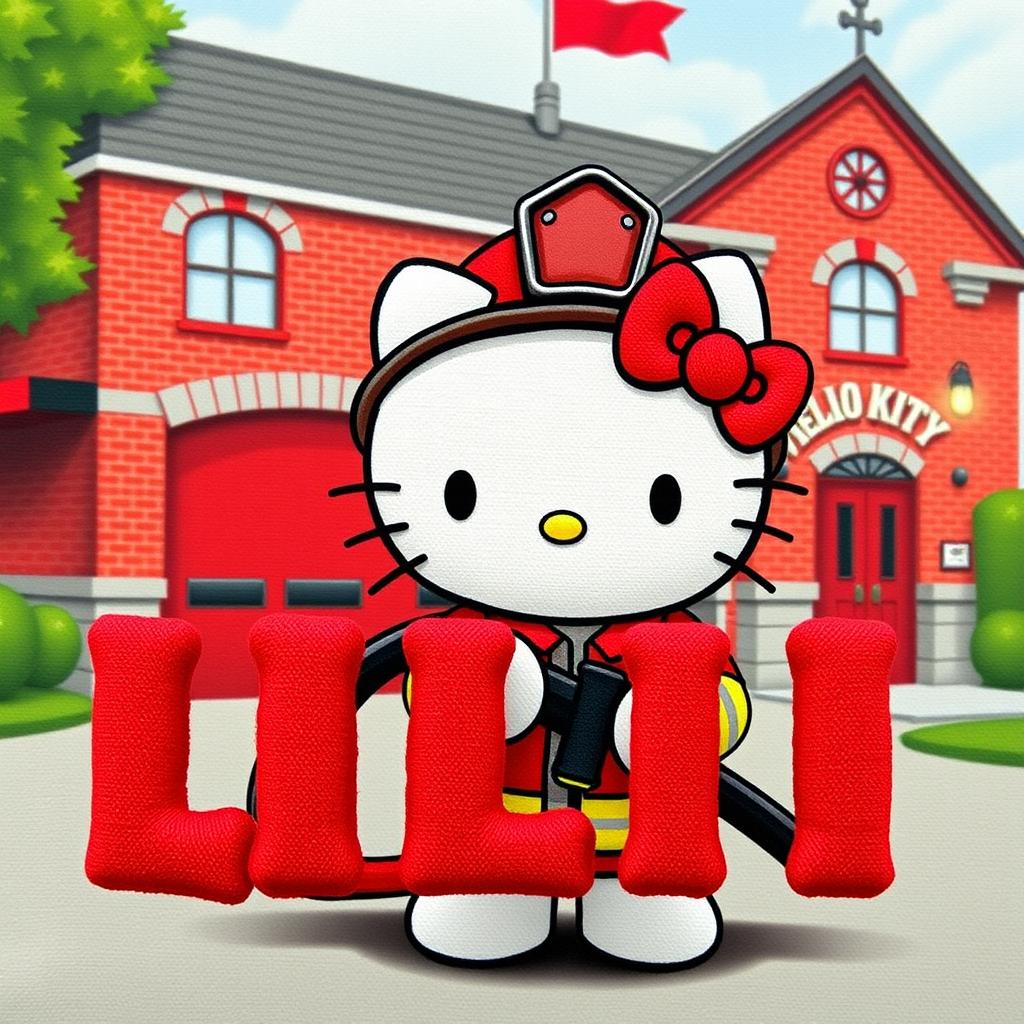 Hello Kitty, the iconic character, portrayed as a firefighter