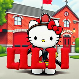 Hello Kitty, the iconic character, portrayed as a firefighter