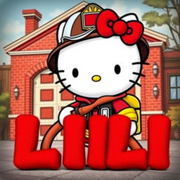 Hello Kitty, the iconic character, portrayed as a firefighter