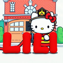 Hello Kitty, the iconic character, portrayed as a firefighter