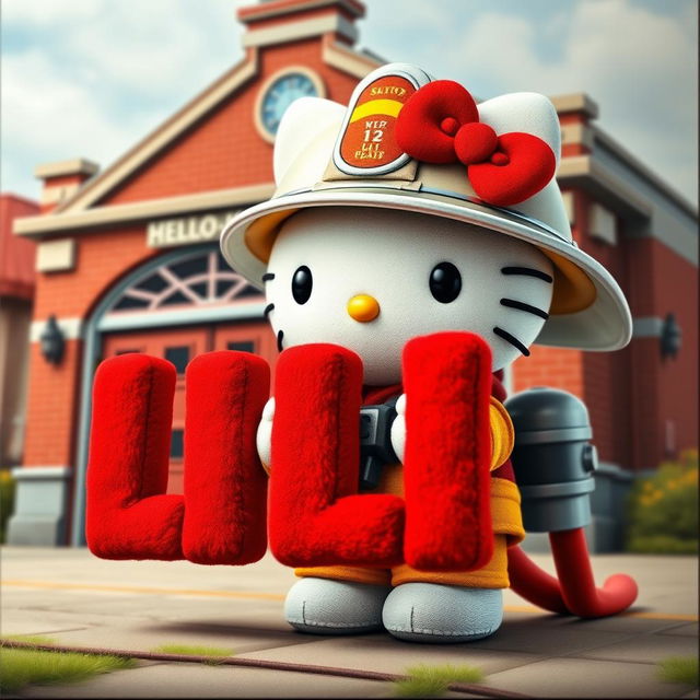 Hello Kitty, the iconic character, portrayed as a firefighter