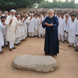 A potent scene of the wise man in the public meeting, pointing towards a heavy stone placed on the ground, symbolizing the burden of disunity, drawing the attention of all around him to this resonant symbol.