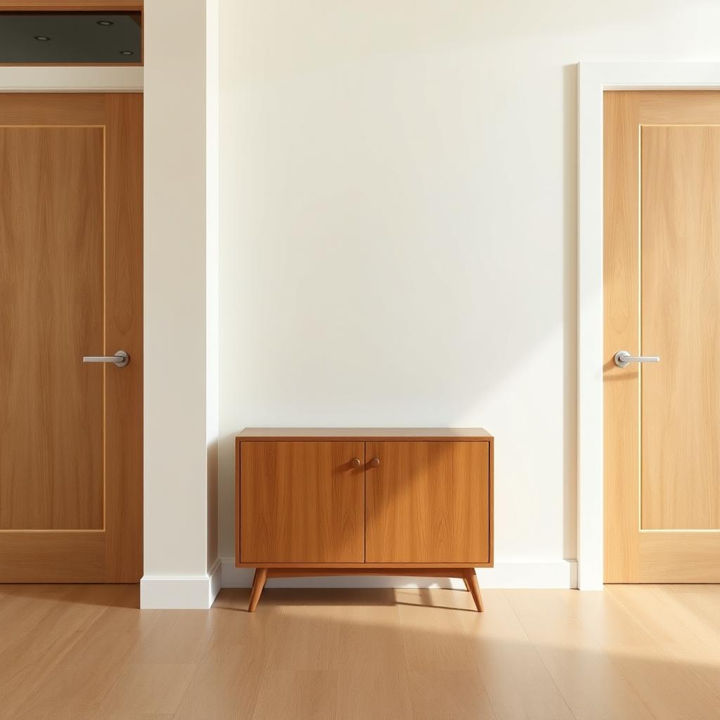 A wooden piece of furniture placed against the entrance wall, occupying a space of 1 meter