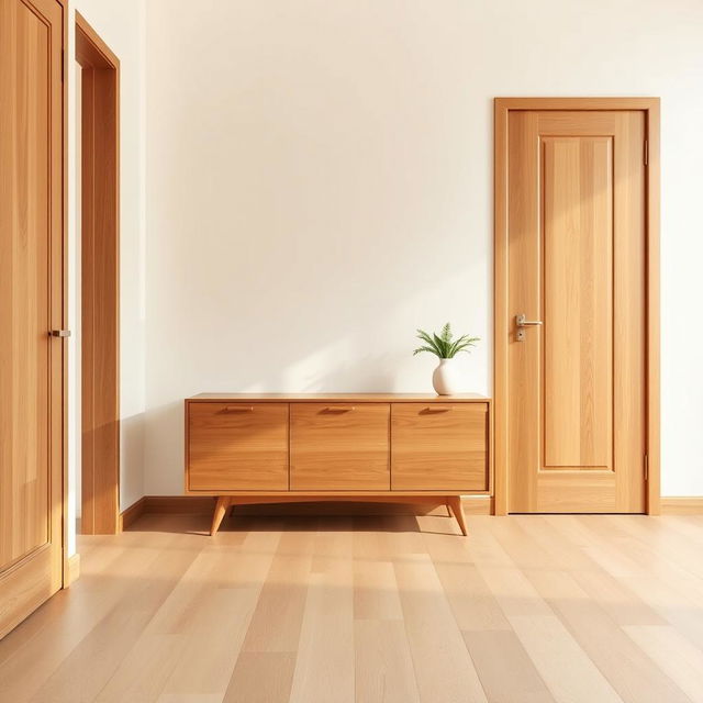 A wooden piece of furniture placed against the entrance wall, occupying a space of 1 meter