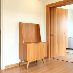 A wooden piece of furniture placed against the entrance wall, occupying a space of 1 meter