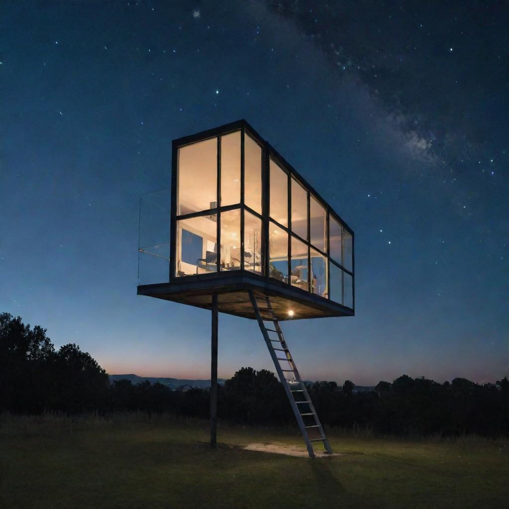 A transparent glass house with a ladder in the center, stretching infinitely into the clear night sky, leading all the way into space.