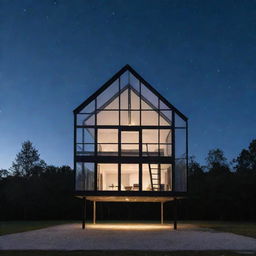 A transparent glass house with a ladder in the center, stretching infinitely into the clear night sky, leading all the way into space.