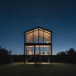 A transparent glass house with a ladder in the center, stretching infinitely into the clear night sky, leading all the way into space.