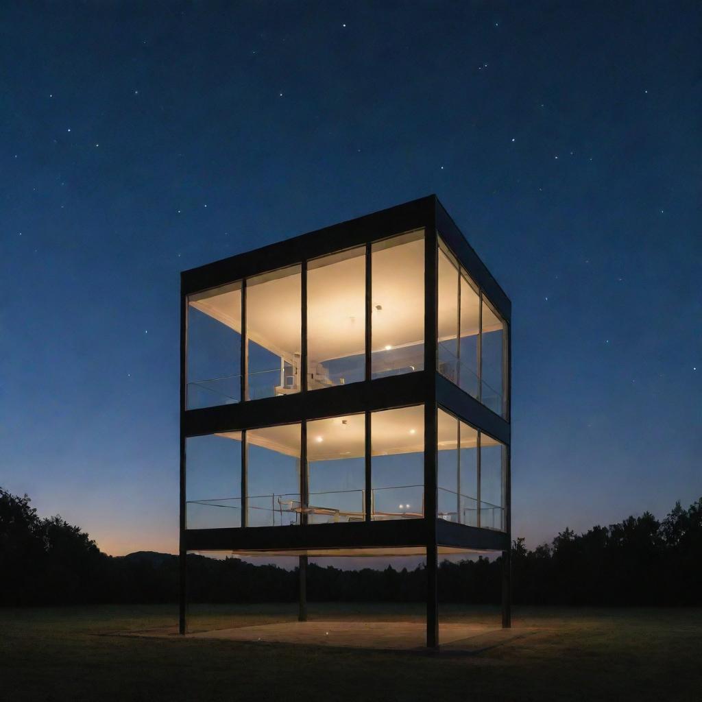 A transparent glass house with a ladder in the center, stretching infinitely into the clear night sky, leading all the way into space.