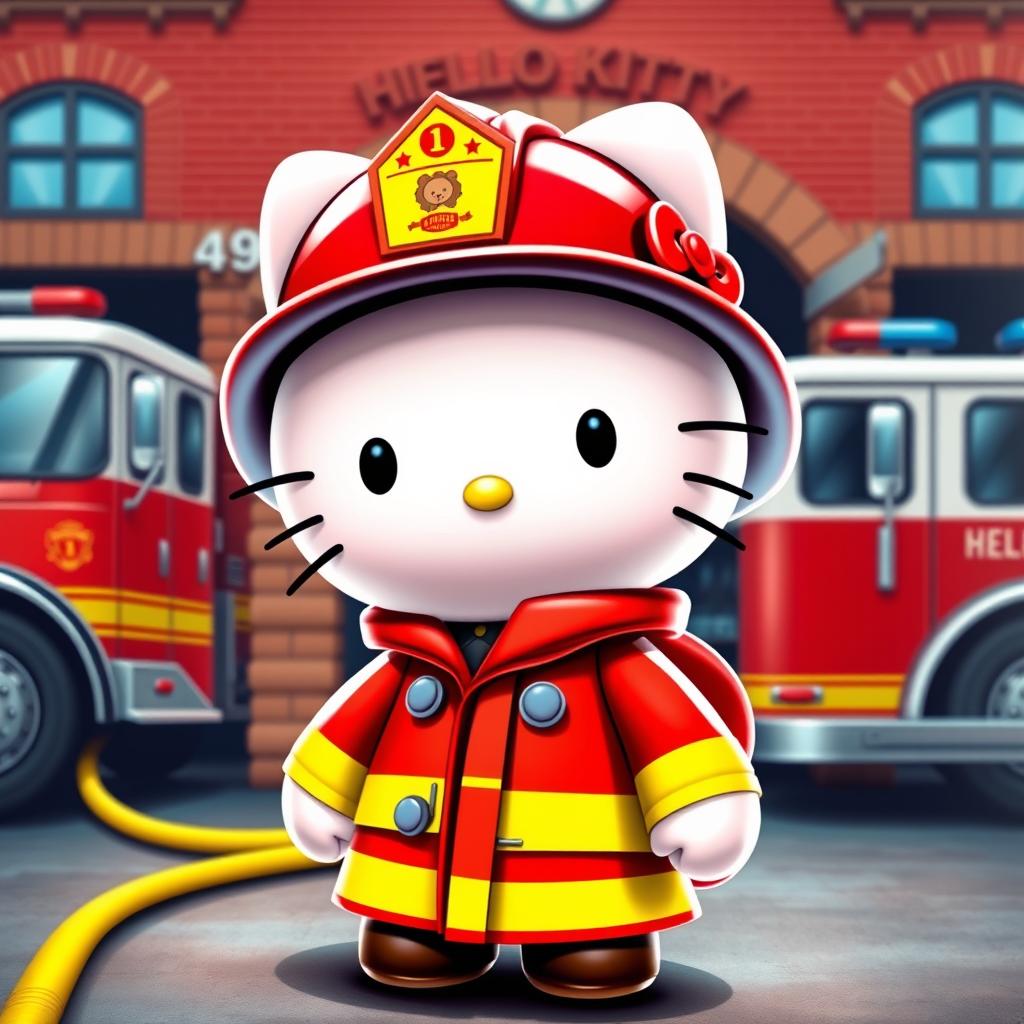 A vibrant digital artwork featuring the iconic character, Hello Kitty, dressed as a firefighter