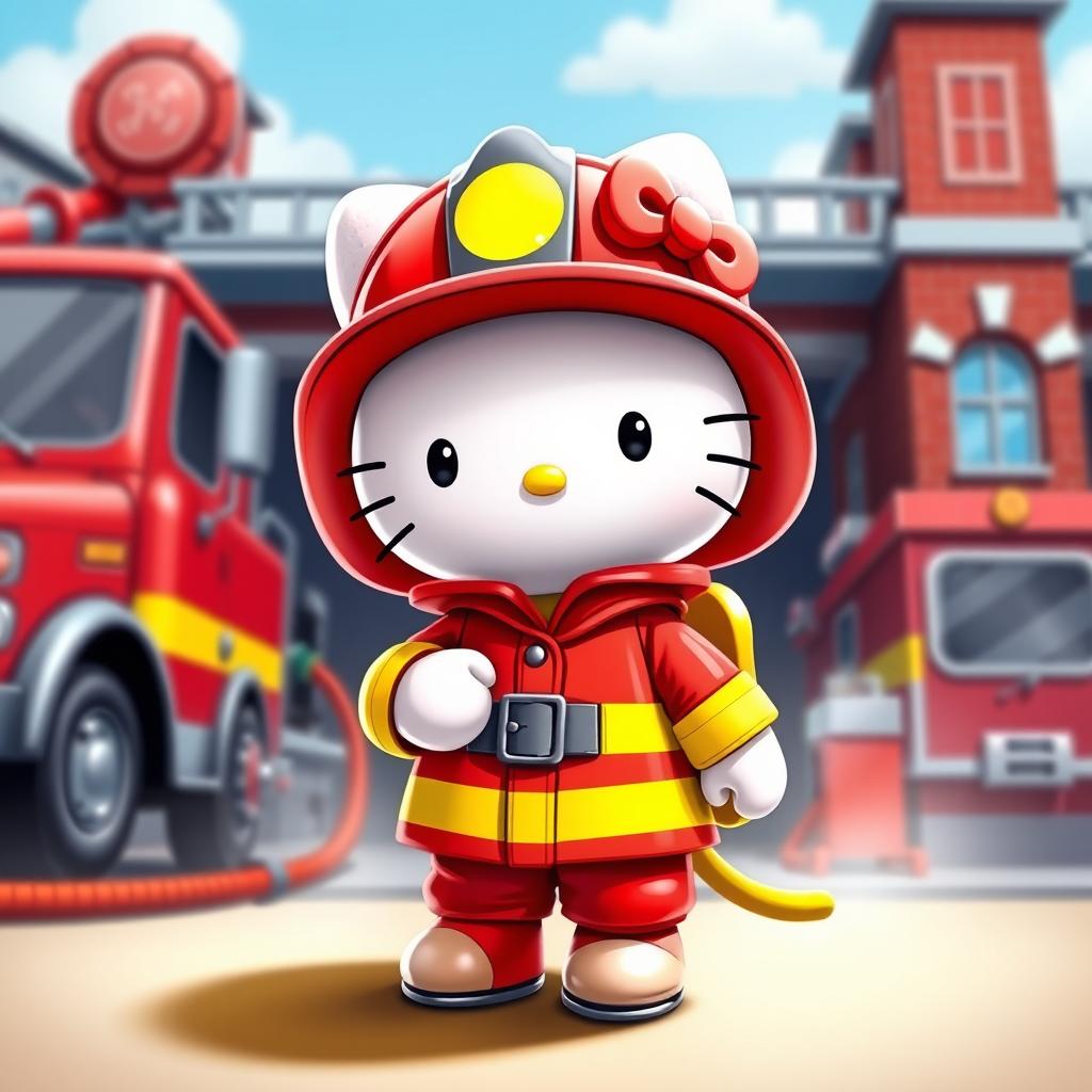 A vibrant digital artwork featuring the iconic character, Hello Kitty, dressed as a firefighter