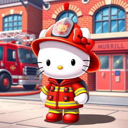 A vibrant digital artwork featuring the iconic character, Hello Kitty, dressed as a firefighter