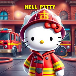 A vibrant digital artwork featuring the iconic character, Hello Kitty, dressed as a firefighter