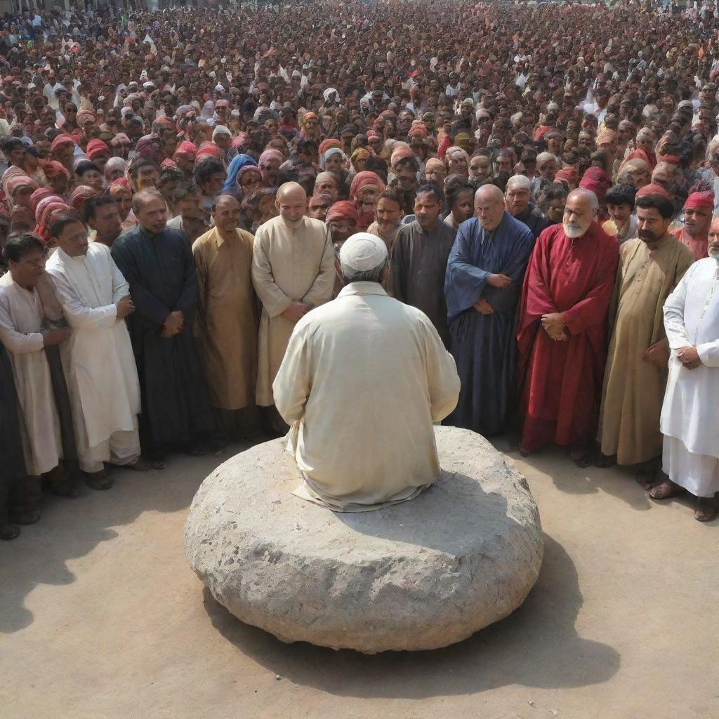 A repeat scenario with the wise man in the public gathering, indicating towards a large stone resting on the ground. This heavy stone serves as a powerful metaphor for the weight of disunity, capturing the gaze of the entire crowd.