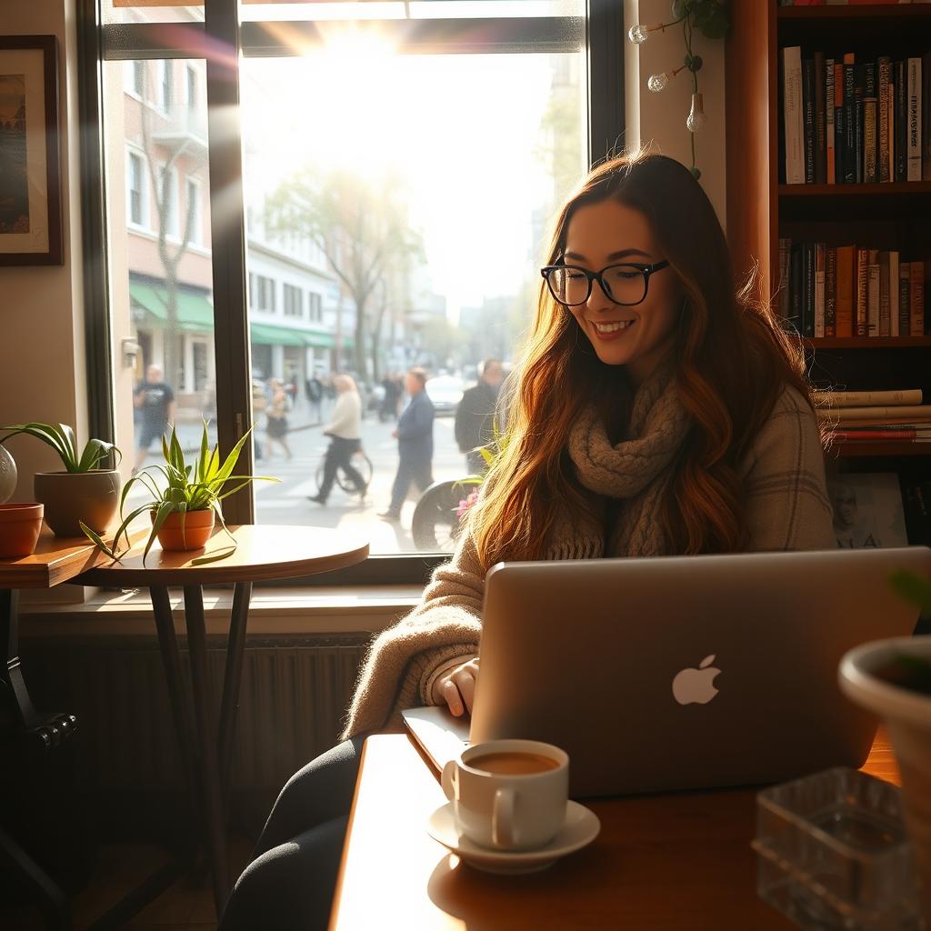 A woman sitting in a cozy coffee shop near a large window, working on her laptop