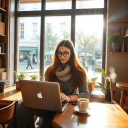 A woman sitting in a cozy coffee shop near a large window, working on her laptop