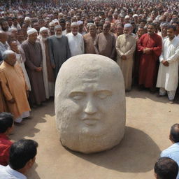 A repeat scenario with the wise man in the public gathering, indicating towards a large stone resting on the ground. This heavy stone serves as a powerful metaphor for the weight of disunity, capturing the gaze of the entire crowd.