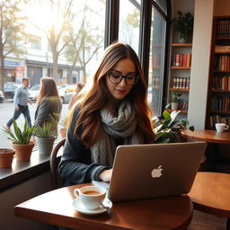 A woman sitting in a cozy coffee shop near a large window, working on her laptop