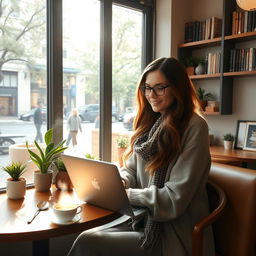 A woman sitting in a cozy coffee shop near a large window, working on her laptop