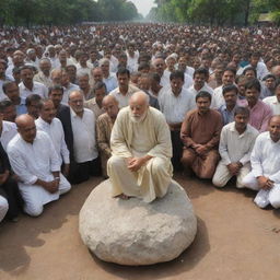 A repeat scenario with the wise man in the public gathering, indicating towards a large stone resting on the ground. This heavy stone serves as a powerful metaphor for the weight of disunity, capturing the gaze of the entire crowd.