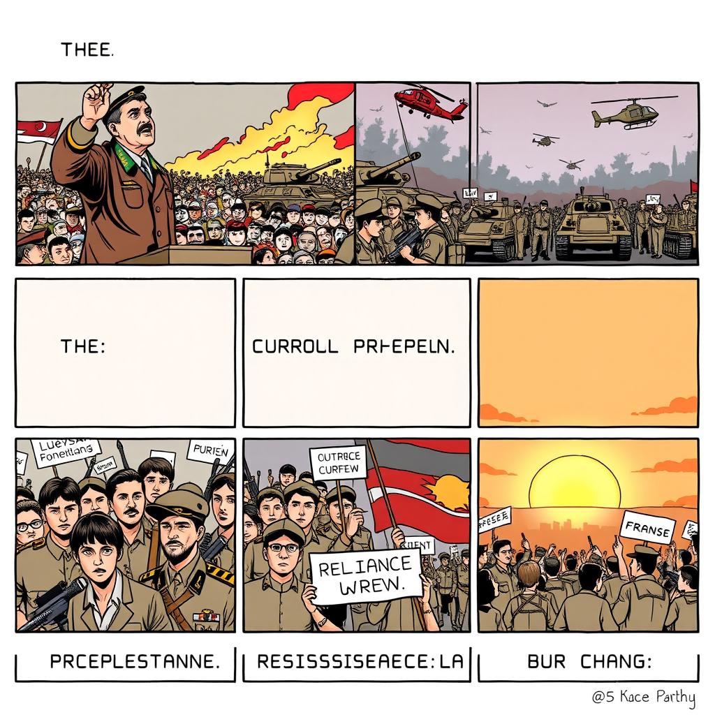 Three-panel comic strip illustrating military dictatorships, each panel showcasing a different aspect