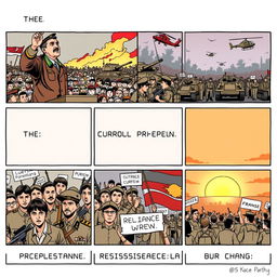 Three-panel comic strip illustrating military dictatorships, each panel showcasing a different aspect